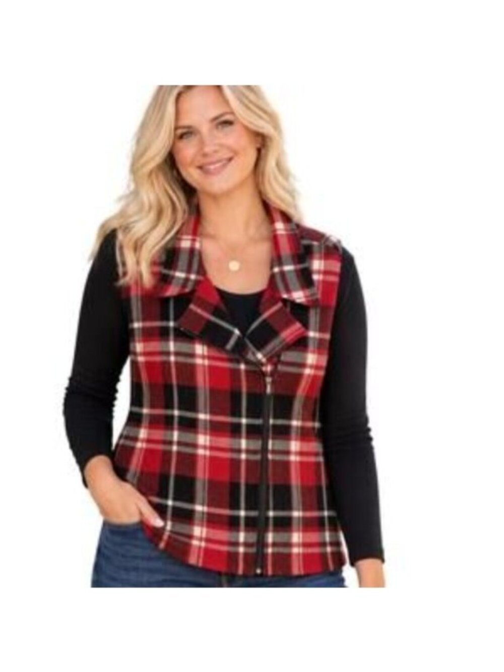 Chaps Red Black Plaid Moto Vest Soft Knit Asymmetric Zip Size 2X Fall Winter